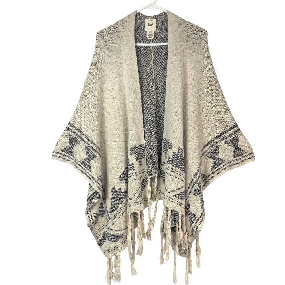 Billabong Cream Gray Geometric Poncho M/L Open Front V-Neck Kimono Tassel Fringe